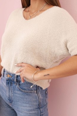 Sweter damski z miękkiego włosia z dekoltem V krótki rękaw beżowy  