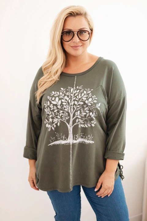 Bluza damska Plus Size bawełniana z nadrukiem drzewa khaki Bluza damska Plus Size bawełniana z nadrukiem drzewa khaki