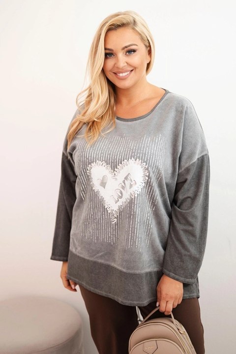 Bluza damska Plus Size bawełniana z nadrukiem serca i troczkami grafitowa Bluza damska Plus Size bawełniana z nadrukiem serca i troczkami grafitowa