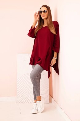 Bluzka damska Plus Size z bawełną z falbaną i rękawem podwijanym bordowa  