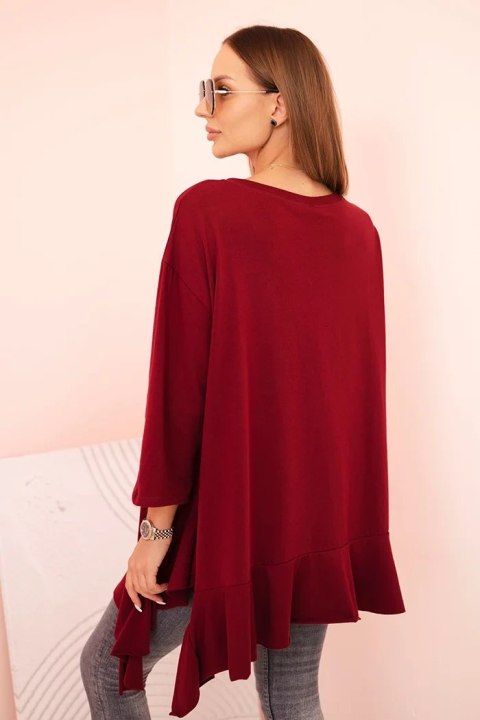 Bluzka damska Plus Size z bawełną z falbaną i rękawem podwijanym bordowa Bluzka damska Plus Size z bawełną z falbaną i rękawem podwijanym bordowa