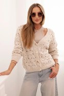 Sweter damski ażurowy z dekoltem V i złotymi guzikami beżowy
