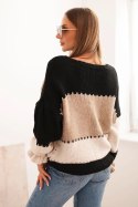 Sweter damski w paski z guzikami czarny + camelowy