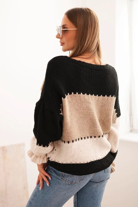 Sweter damski w paski z guzikami czarny + camelowy Sweter damski w paski z guzikami czarny + camelowy