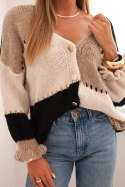 Sweter damski w paski z guzikami czarny + camelowy