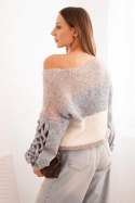 Sweter damski w pasy z warkoczami na rękawach z wełny beżowy + szary  