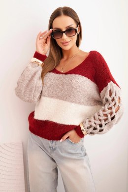 Sweter damski w pasy z warkoczami na rękawach z wełny bordowy + niebieski  