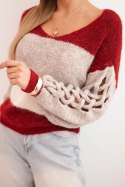 Sweter damski w pasy z warkoczami na rękawach z wełny bordowy + niebieski  