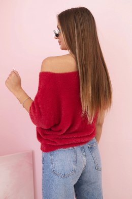 Sweter damski z miękkiego włosia z dekoltem V krótki rękaw bordowy