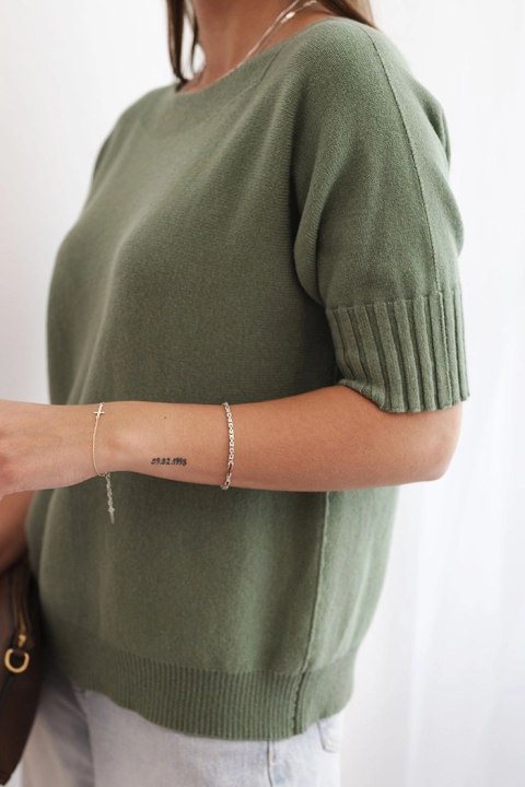 Sweter damski z wiskozy z krótkim rękawem khaki Sweter damski z wiskozy z krótkim rękawem khaki