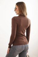 Sweter damski z wiskozy ze stójką i ozdobnymi guzikami na rękawach brązowy