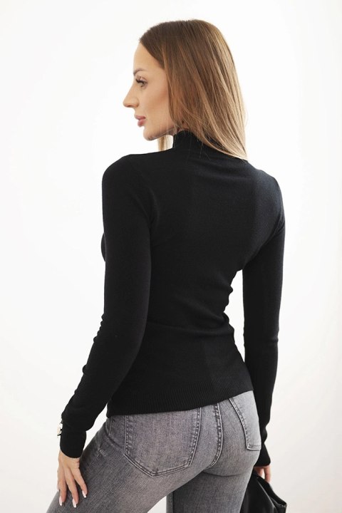 Sweter damski z wiskozy ze stójką i ozdobnymi guzikami na rękawach czarny Sweter damski z wiskozy ze stójką i ozdobnymi guzikami na rękawach czarny