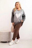 Bluza damska Plus Size bawełniana z nadrukiem serca i troczkami grafitowa