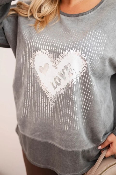 Bluza damska Plus Size bawełniana z nadrukiem serca i troczkami grafitowa Bluza damska Plus Size bawełniana z nadrukiem serca i troczkami grafitowa