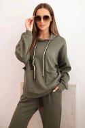 Komplet damska masełkowy bluza z kapturem i spodniami z paskiem khaki