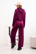 Komplet dresowy damska z weluru z szerokimi nogawkami i bluzą z kapturem ciemny fioletowy