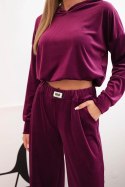 Komplet dresowy damska z weluru z szerokimi nogawkami i bluzą z kapturem ciemny fioletowy