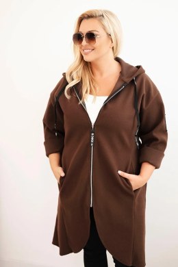Płaszcz damski Plus Size z zamszu rozpinany z kapturem brązowy