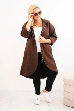 Płaszcz damski Plus Size z zamszu rozpinany z kapturem brązowy