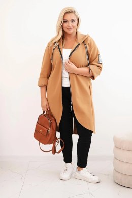 Płaszcz damski Plus Size z zamszu rozpinany z kapturem camelowy