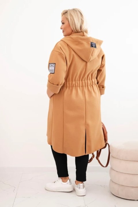 Płaszcz damski Plus Size z zamszu rozpinany z kapturem camelowy Płaszcz damski Plus Size z zamszu rozpinany z kapturem camelowy