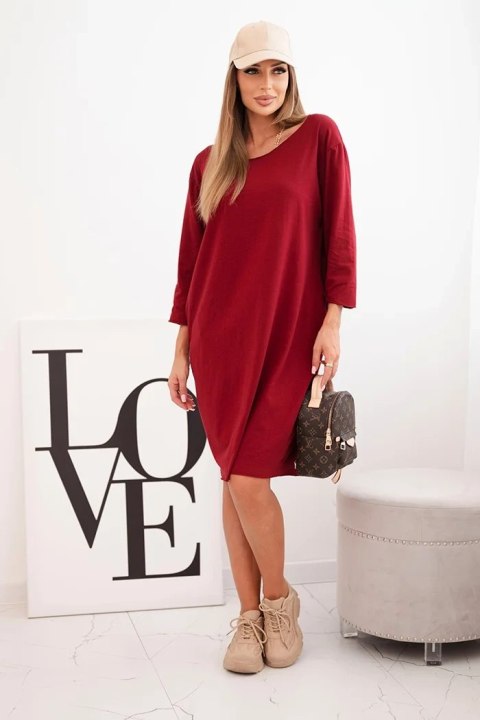 Sukienka damska Plus Size z bawełną o prostym kroju i rękawem 3/4 bordowa Sukienka damska Plus Size z bawełną o prostym kroju i rękawem 3/4 bordowa