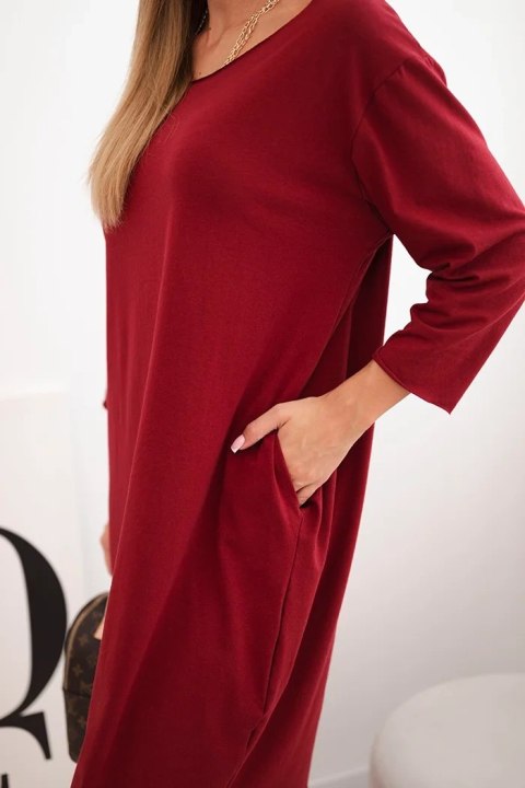 Sukienka damska Plus Size z bawełną o prostym kroju i rękawem 3/4 bordowa Sukienka damska Plus Size z bawełną o prostym kroju i rękawem 3/4 bordowa