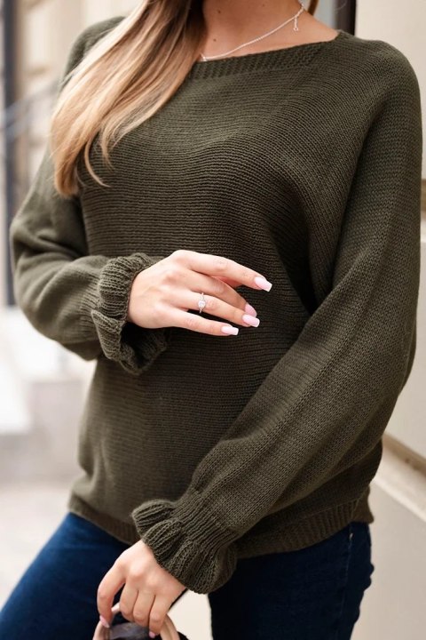 Sweter damska z moheru z marszczonymi rękawami i wycięciem na plecach khaki Sweter damska z moheru z marszczonymi rękawami i wycięciem na plecach khaki