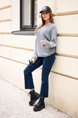 Sweter damska z moheru z marszczonymi rękawami i wycięciem na plecach szary