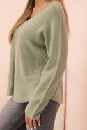 Sweter damska z wiskozą z dekoltem w serek jasny khaki