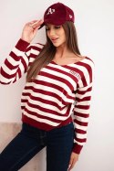 Sweter damski w paski z dekoltem V bordowy