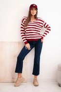 Sweter damski w paski z dekoltem V bordowy