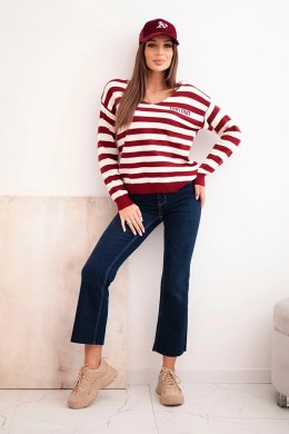 Sweter damski w paski z dekoltem V bordowy