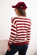 Sweter damski w paski z dekoltem V bordowy