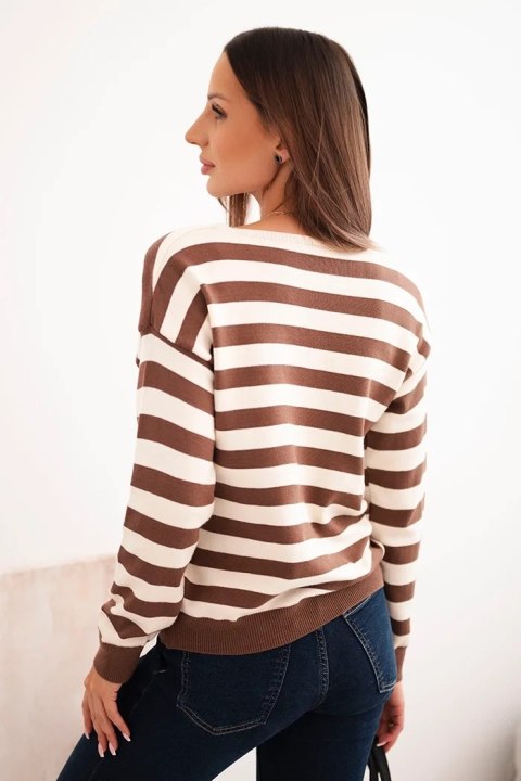 Sweter damski w paski z dekoltem V brązowy Sweter damski w paski z dekoltem V brązowy