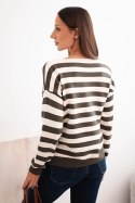 Sweter damski w paski z dekoltem V khaki