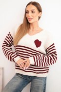Sweter damski w paski z sercem z moherem i dekoltem V bordowy