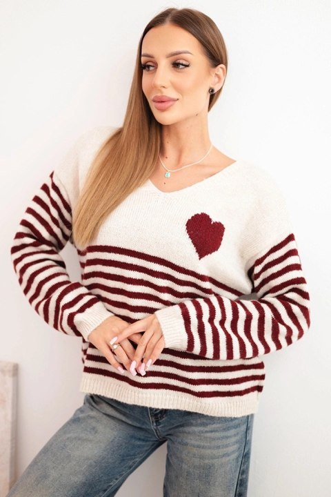 Sweter damski w paski z sercem z moherem i dekoltem V bordowy