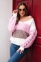 Sweter damski w pasy z warkoczami na rękawach z wełny ecru + pudrowy