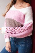 Sweter damski w pasy z warkoczami na rękawach z wełny ecru + pudrowy