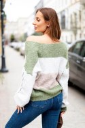 Sweter damski w pasy z warkoczami na rękawach z wełny khaki + szary