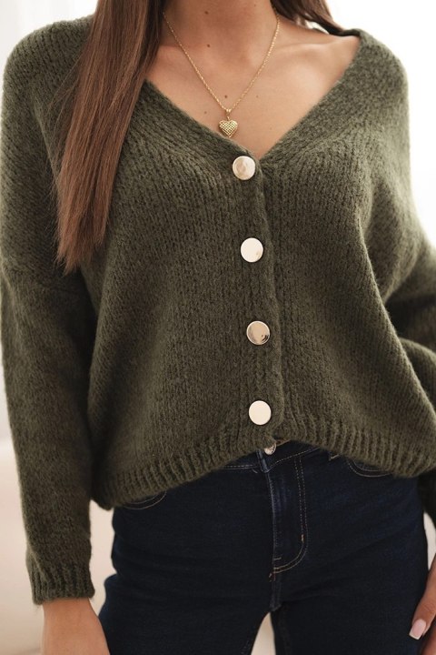 Sweter damski z dekoltem V i guzikami khaki Sweter damski z dekoltem V i guzikami khaki