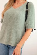 Sweter damski z miękkiego włosia z dekoltem V krótki rękaw ciemno miętowy