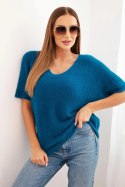 Sweter damski z miękkiego włosia z dekoltem V krótki rękaw morski