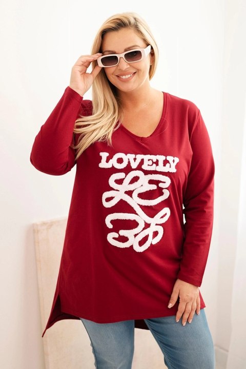 Bluzka damska Plus Size bawełniana z napisem i dekoltem V bordowa Bluzka damska Plus Size bawełniana z napisem i dekoltem V bordowa