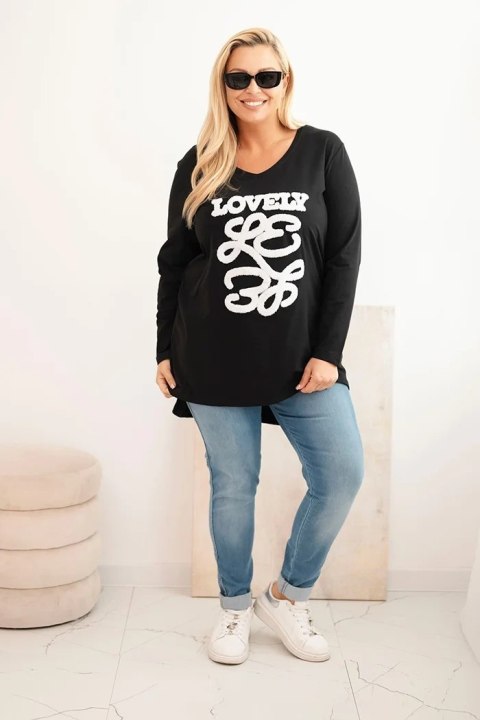 Bluzka damska Plus Size bawełniana z napisem i dekoltem V czarna Bluzka damska Plus Size bawełniana z napisem i dekoltem V czarna