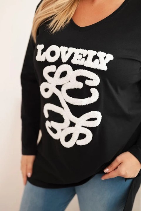 Bluzka damska Plus Size bawełniana z napisem i dekoltem V czarna Bluzka damska Plus Size bawełniana z napisem i dekoltem V czarna