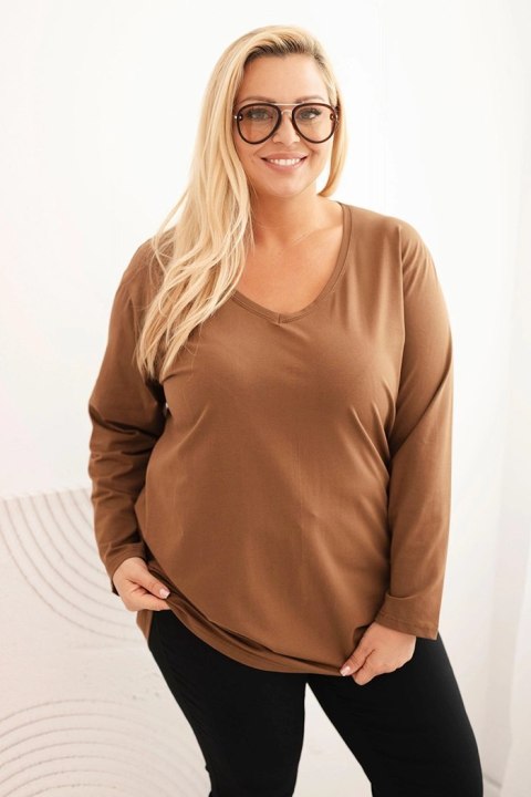 Bluzka damska Plus Size z dekoltem V i długim rękawem brązowa Bluzka damska Plus Size z dekoltem V i długim rękawem brązowa