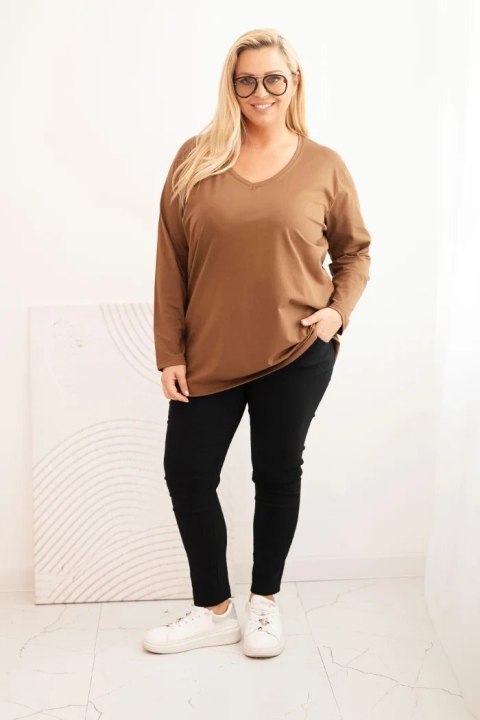 Bluzka damska Plus Size z dekoltem V i długim rękawem brązowa Bluzka damska Plus Size z dekoltem V i długim rękawem brązowa
