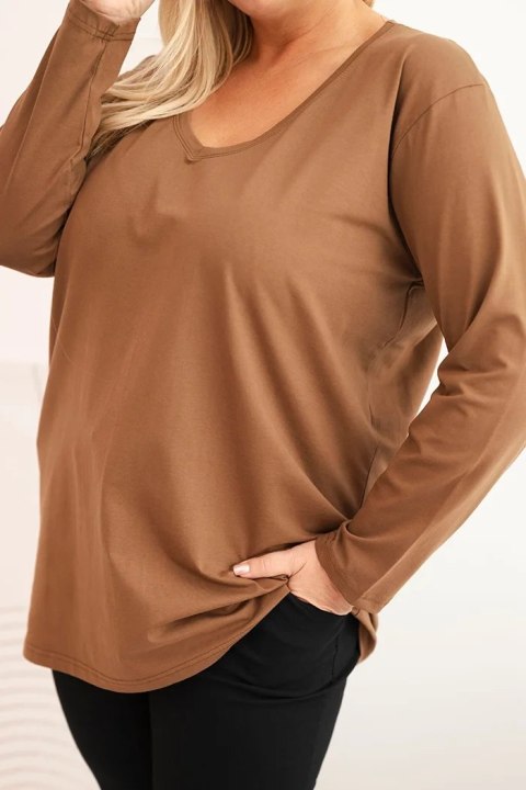 Bluzka damska Plus Size z dekoltem V i długim rękawem brązowa Bluzka damska Plus Size z dekoltem V i długim rękawem brązowa